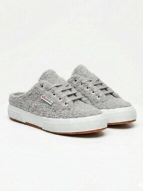 NIB Superga Faux Shearling Mules Women's Slip On Sneakers Gray White 7.5 38
